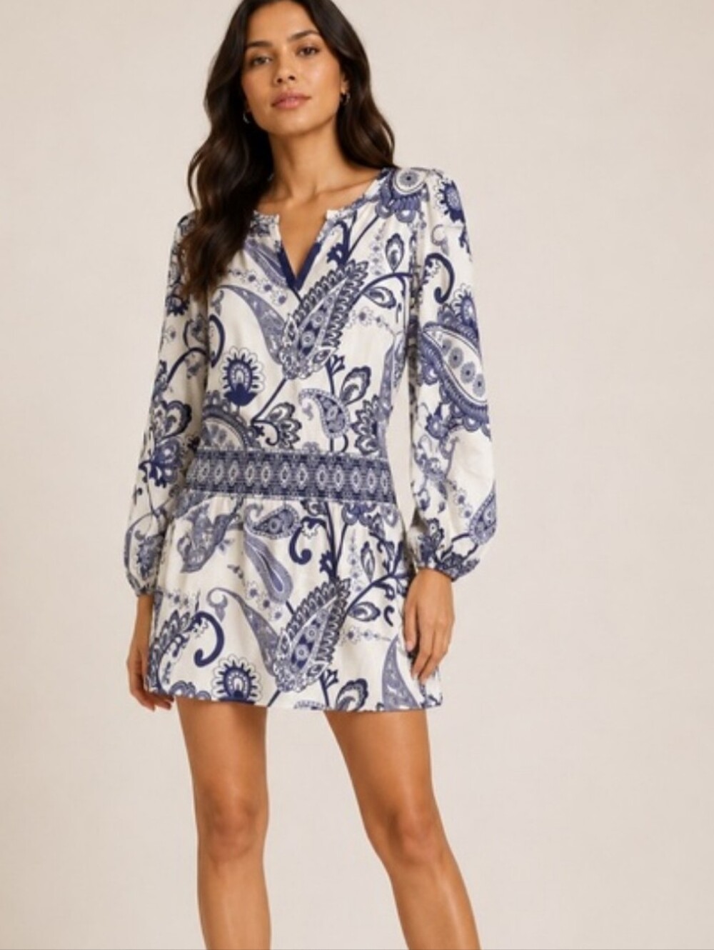 Guess By Marciano blue and white paisley printed silk mini dress